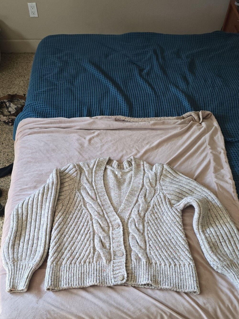 River Island Gray Cable Knit Jeweled Button Cardigan Small